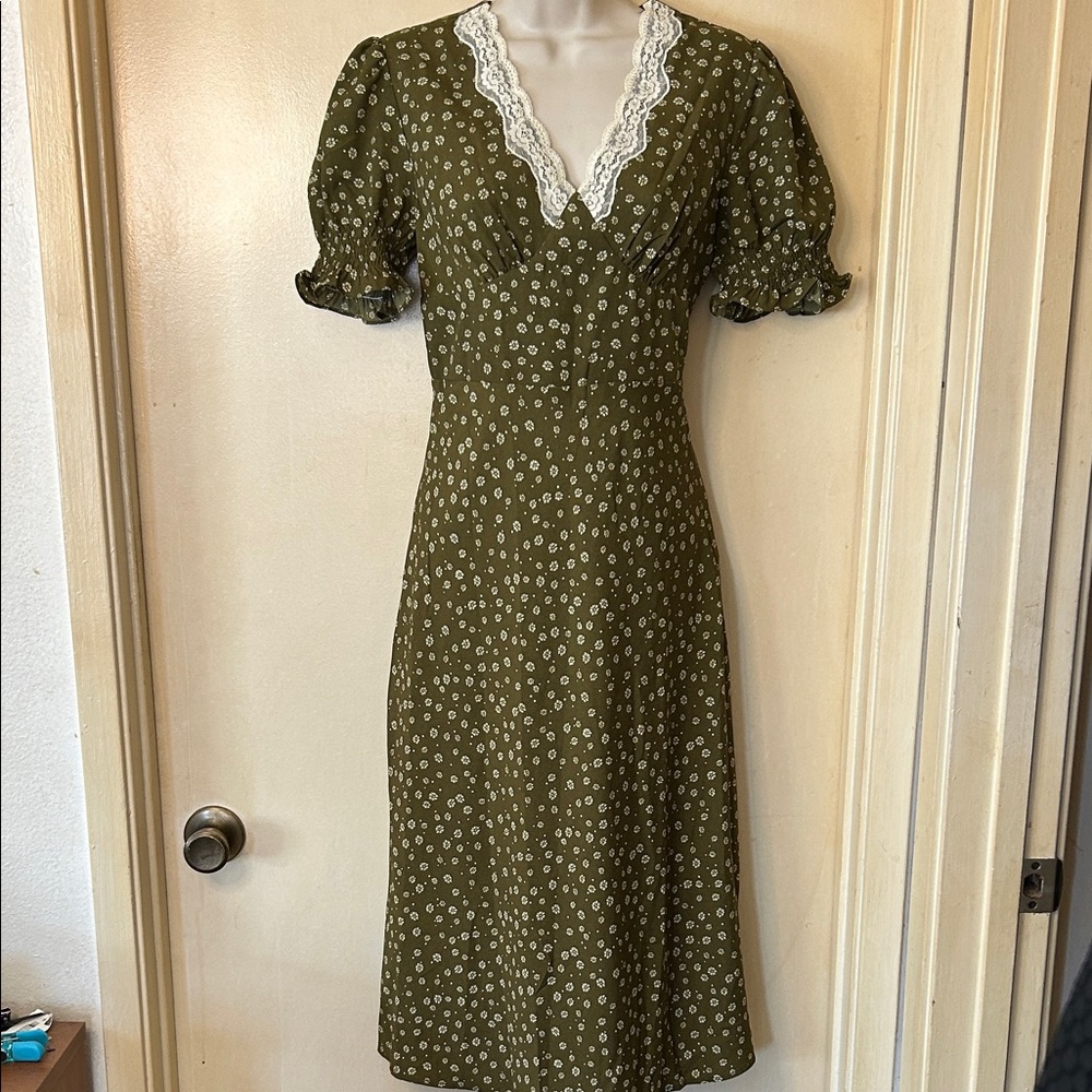 Simply Retro Olive Green Floral Lace-Trim Midi Dress size S